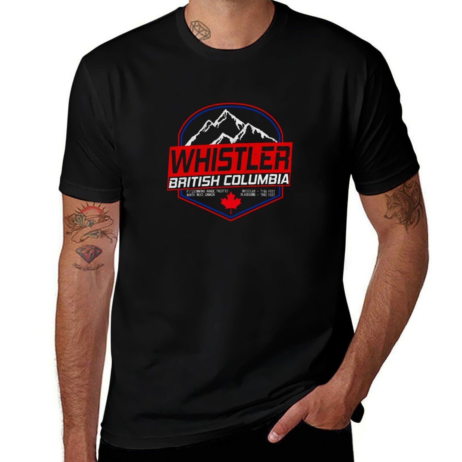 Mountain Biking Whistler - เสื้อยืดลายสกีสไตล์เรโทร วิสเลอร์ บริติชโคลัมเบีย แคนาดา ดินแดนสวรรค์แห่งการเล่นสกีและปั่นจักรยานเสือภูเขา เสื้อแขนสั้นสำหรับใส่ทำงานและในชีวิตประจำวัน